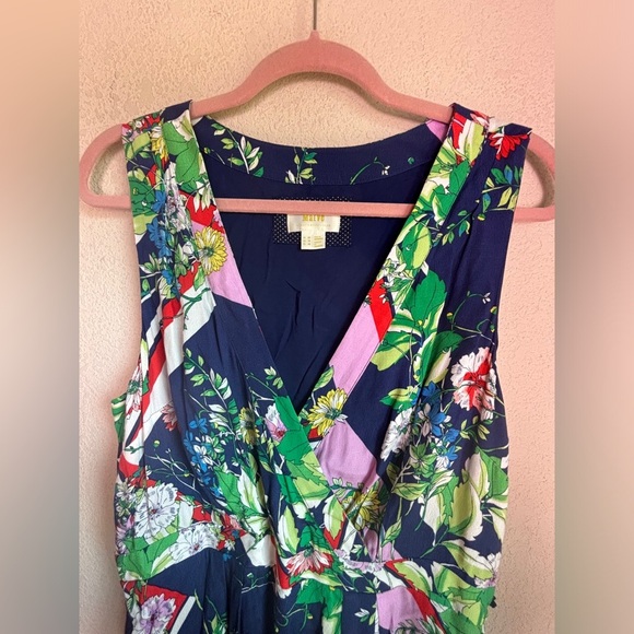 Maeve Anthropologie Spirited Navy Floral Stripe Print Faux Wrap Midi Dress 16 - Picture 5 of 13